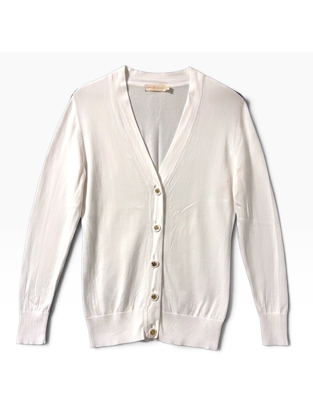 Tory Burch Simone Cardigan White 100% Cotton Size M | Gold Logo Buttons